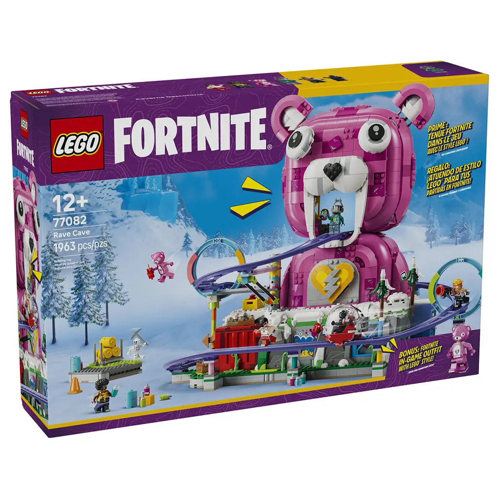 LEGO Fortnite Rave Cave set 77082 box front in purple and yellow, featuring the 1,963-piece pink bear-shaped venue, looping rail track, snowy landscape and minifigures.