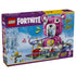 LEGO Fortnite Rave Cave set 77082 box front in purple and yellow, featuring the 1,963-piece pink bear-shaped venue, looping rail track, snowy landscape and minifigures.