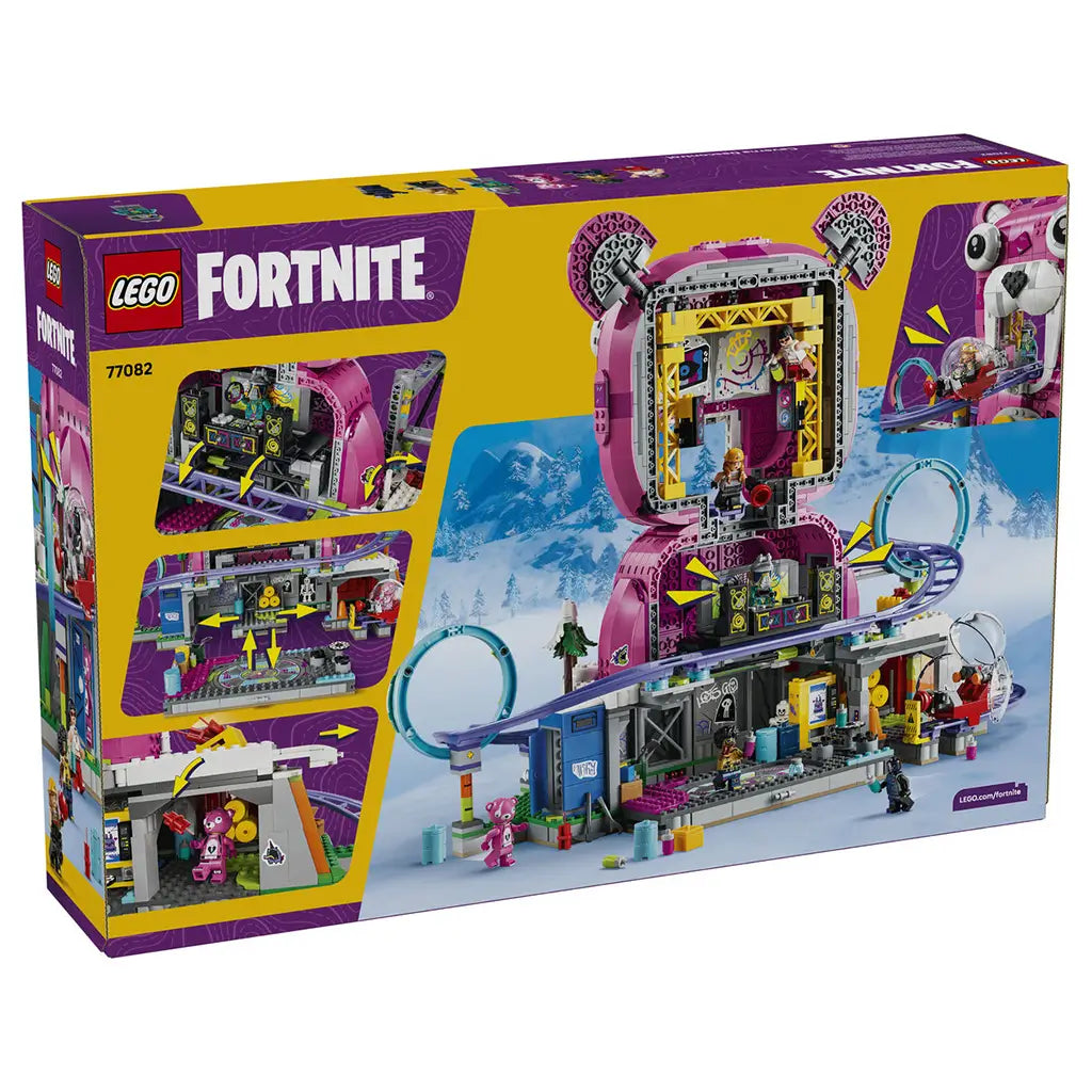 LEGO Fortnite Rave Cave set 77082 box back in yellow and purple, showing the pink bear-shaped brick venue, looping rail track, interior rooms, play features and minifigures.
