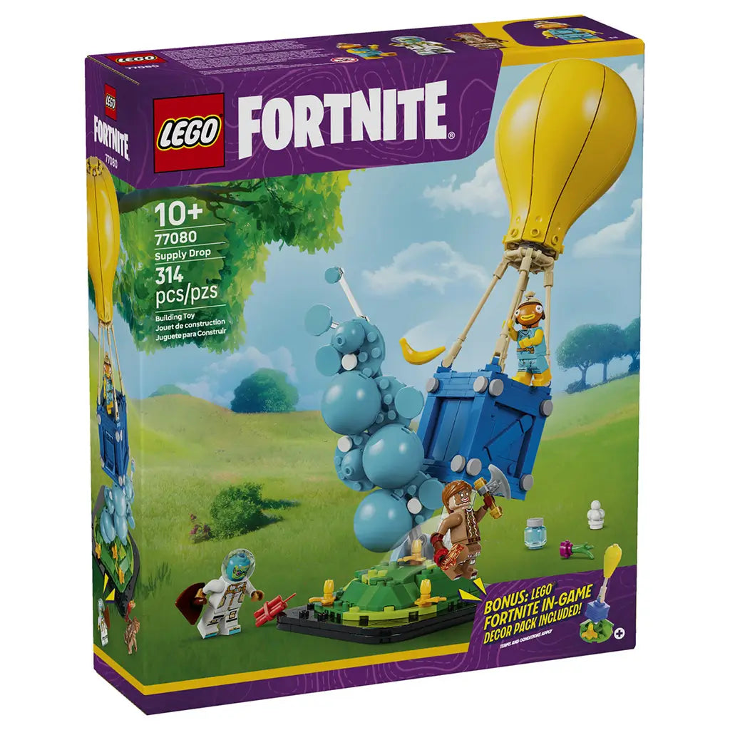 LEGO Fortnite Supply Drop set 77080 box front in purple, blue and green, showing the 314-piece balloon crate, turquoise bubble effect, three figures and terrain display.