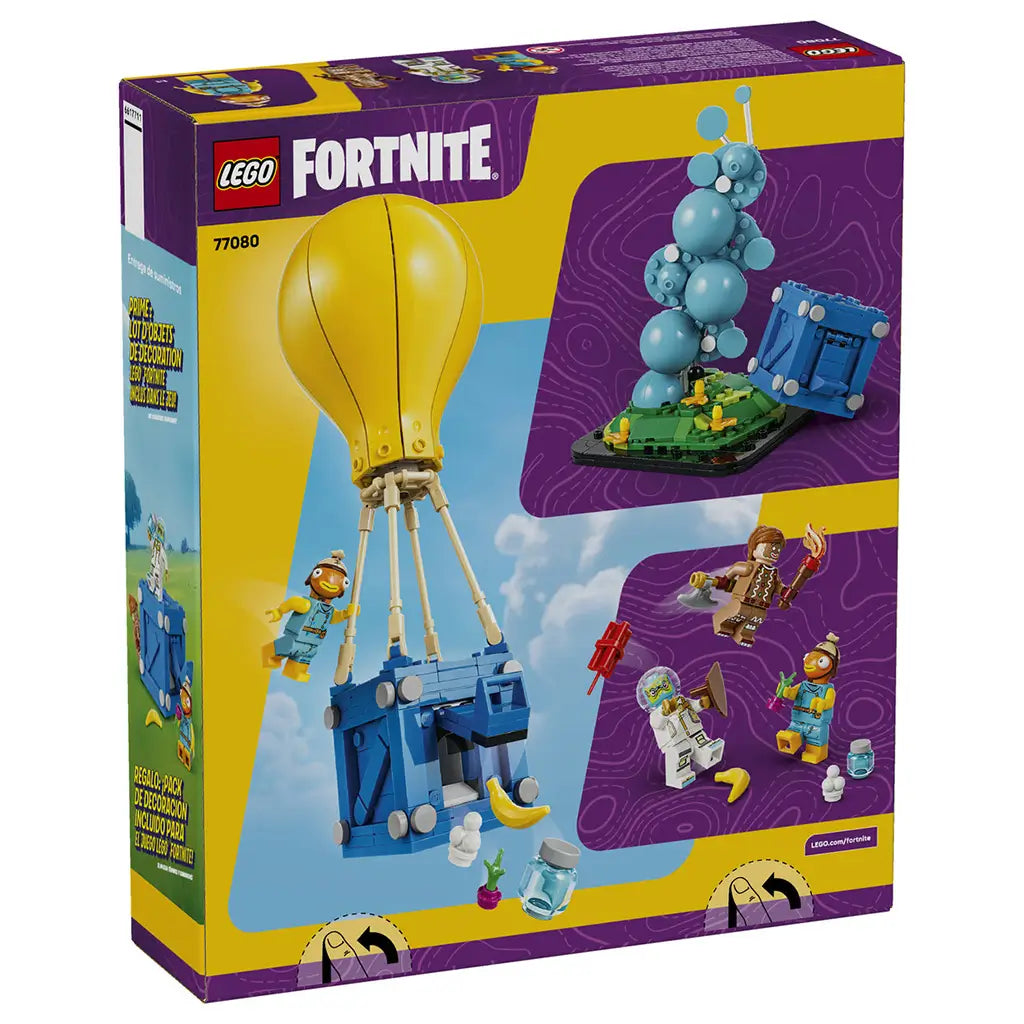 LEGO Fortnite Supply Drop set 77080 box back in yellow, purple and blue, showing the balloon crate, turquoise bubble display, three figures, accessories and alternate play views.