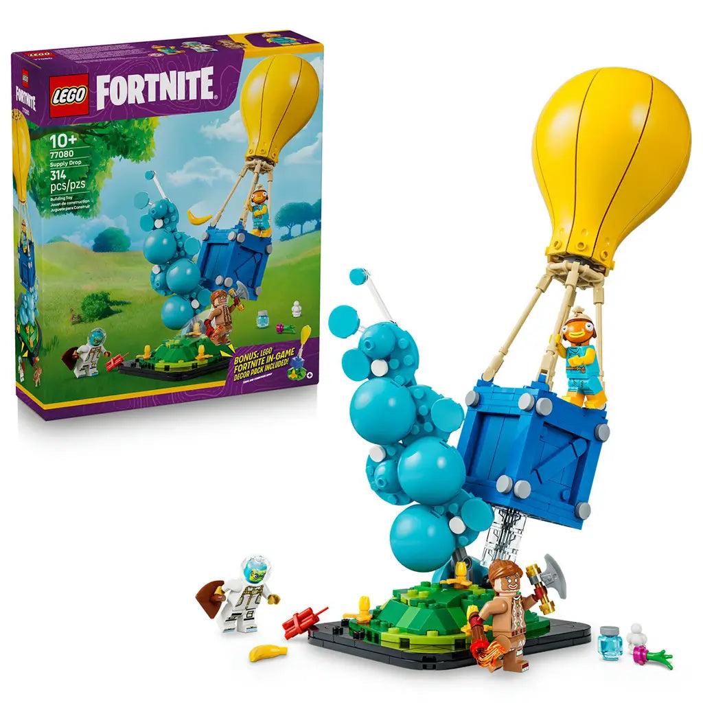LEGO Fortnite Supply Drop set 77080 in yellow, blue and turquoise plastic bricks, showing the balloon crate, bubble effect, green terrain base, three figures and retail box.