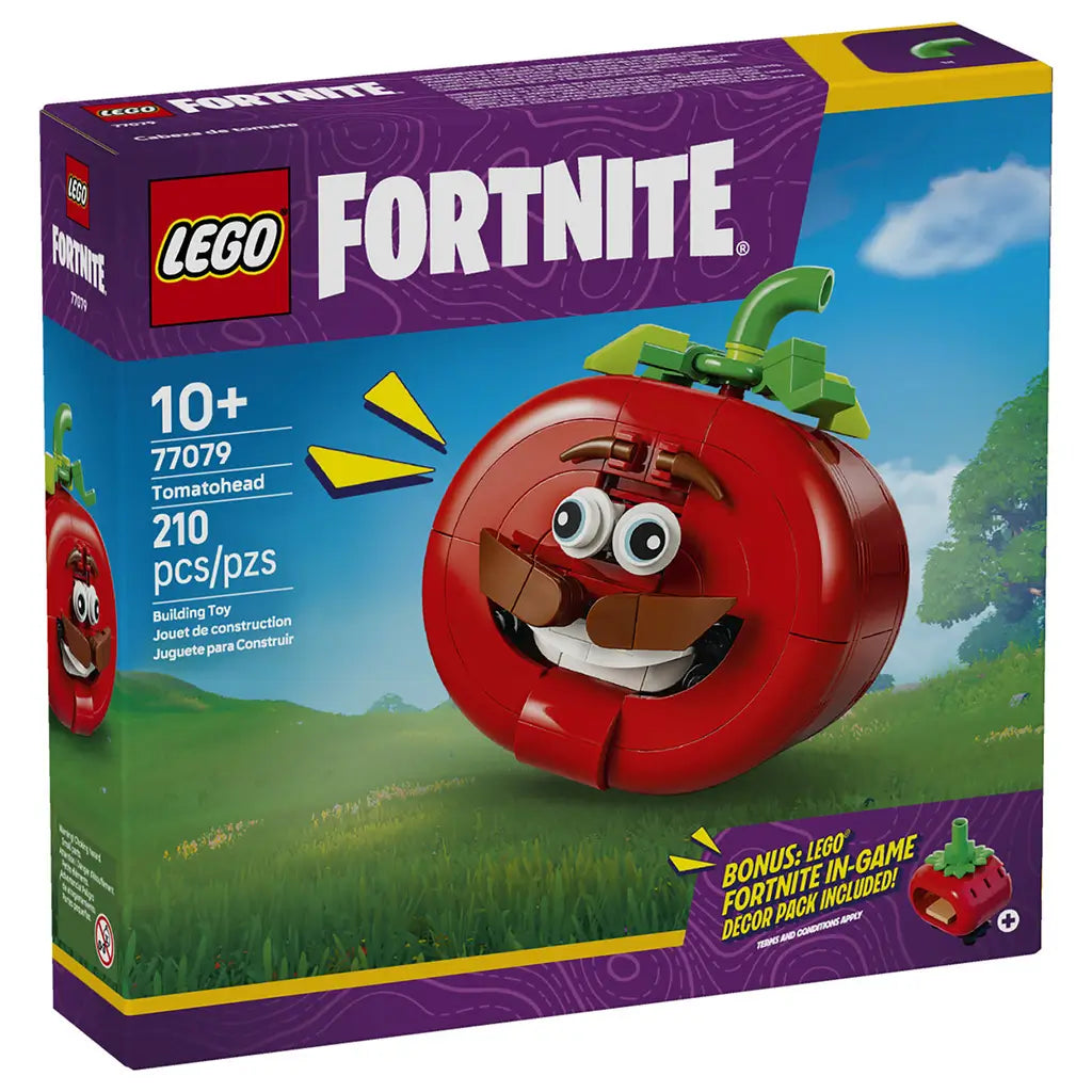 LEGO Fortnite Tomatohead set 77079 box front in purple, blue and green shows the red brick-built smiling tomato head, 210-piece count and bonus in-game decor pack.