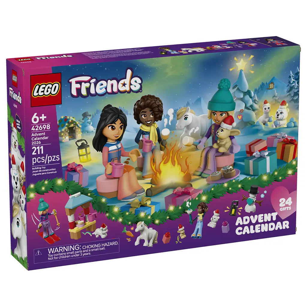 LEGO Friends Advent Calendar 2026 set 42698 comes in a purple cardboard box with winter campfire artwork, three Friends characters, animals, 24 gifts and 211 pieces.
