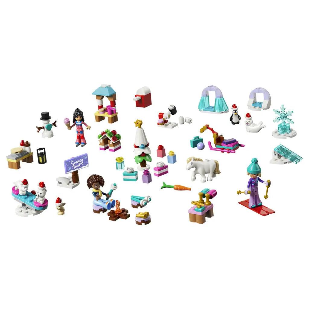 LEGO Friends Advent Calendar 2026 set 42698 features colorful plastic mini-dolls, animals and winter builds including a snowman, ski gear, gifts and icy scenes on white.