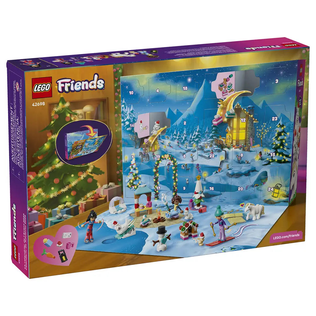 LEGO Friends Advent Calendar 2026 set 42698 box back shows a blue snowy 24-door calendar and playmat with colorful mini-dolls, animals and festive winter mini builds.