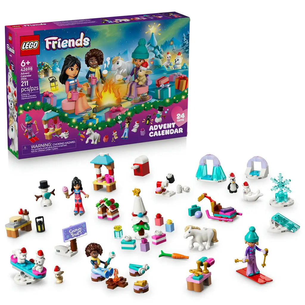 LEGO Friends Advent Calendar 2026 set 42698 pairs its purple box with colorful plastic mini-dolls, animals, winter sports gear, festive stalls and 24 holiday mini builds.