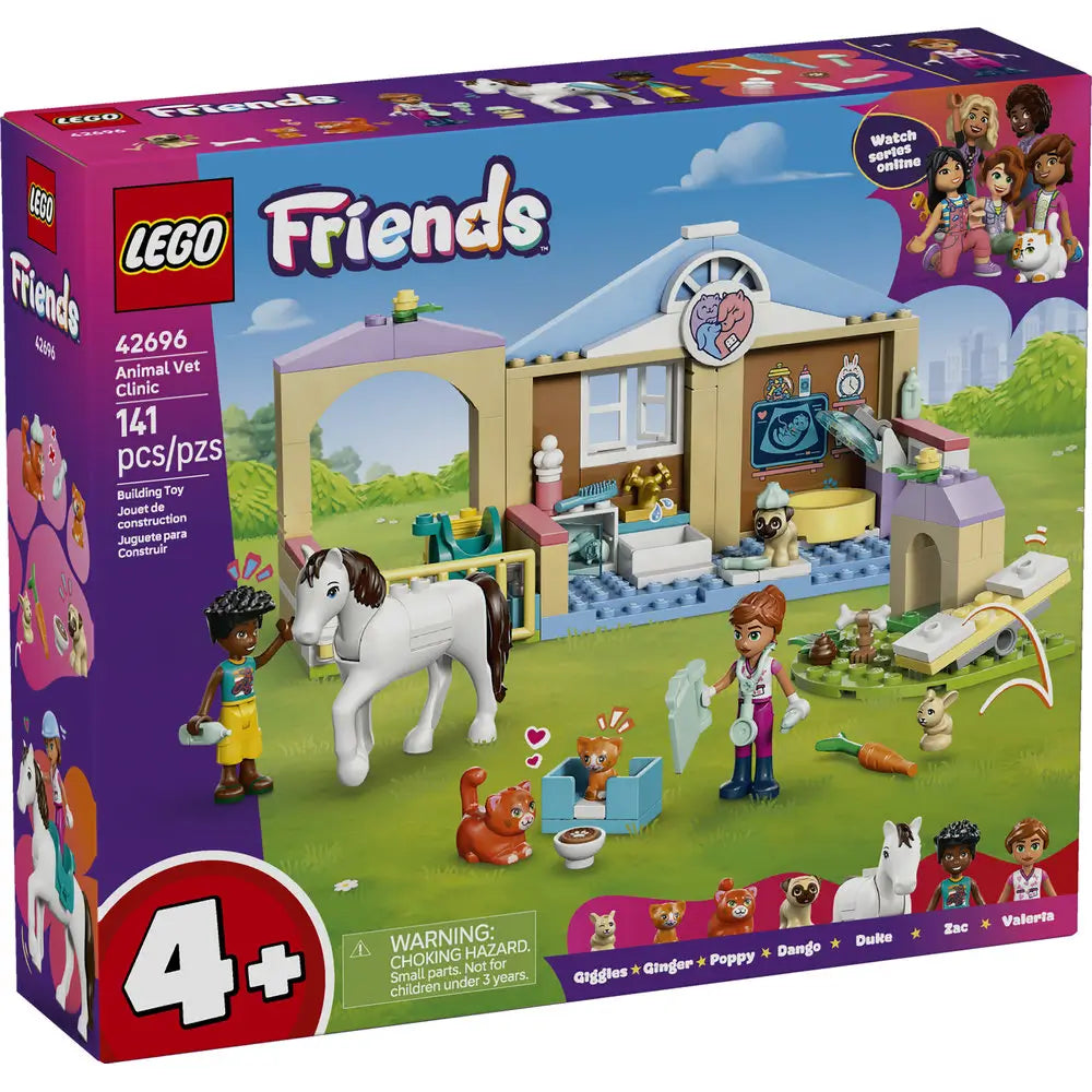 LEGO Friends Animal Vet Clinic box in purple cardboard packaging, rectangular retail box showing the clinic building, minidoll veterinarians, horse, pets, and grassy outdoor scene artwork on the front panel.