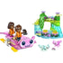LEGO Friends Axolotl Adventure Boat playset showing pink and teal plastic bricks forming a cute axolotl shaped boat, green pond scene with flowers, small animals, and minifigures designed for nature themed play.