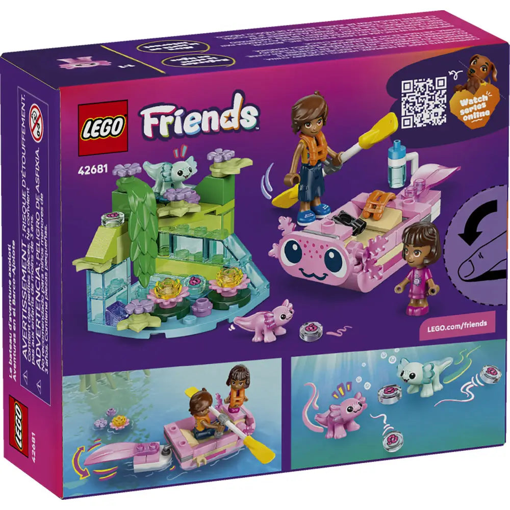 LEGO Friends box back view showing play features of the axolotl adventure set, including boat movement, pond habitat, animal figures, accessories, minifigures, and illustrated play ideas.