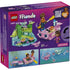 LEGO Friends box back view showing play features of the axolotl adventure set, including boat movement, pond habitat, animal figures, accessories, minifigures, and illustrated play ideas.