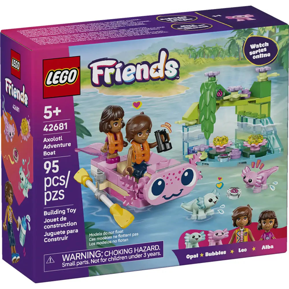 LEGO Friends Axolotl Adventure Boat box front featuring a purple package with illustrated axolotl boat, pond habitat, animals, accessories, and minifigures, highlighting a playful building toy for kids ages five and up.