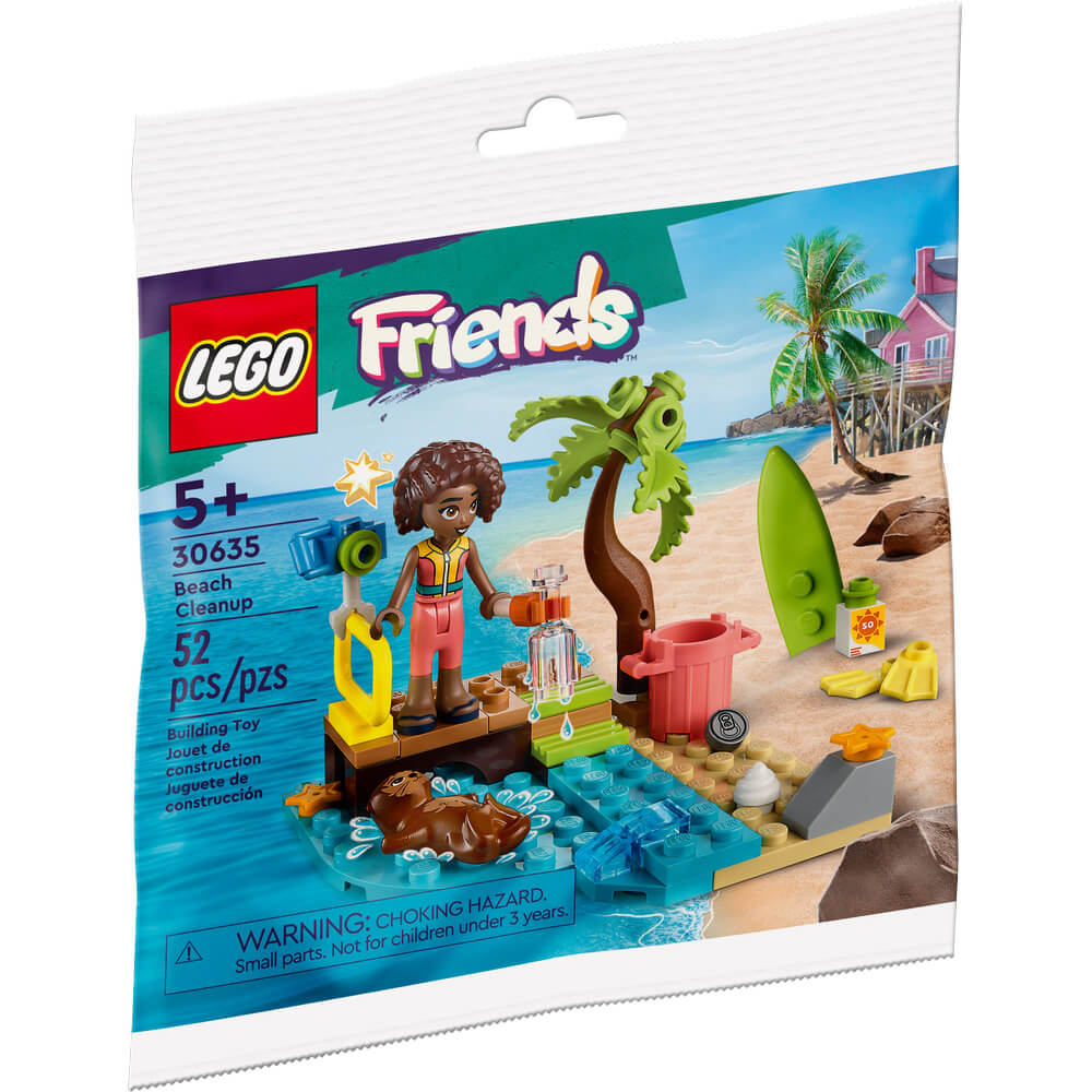 The front of the recruitment bag packaging for the LEGO® Friends Beach Cleanup 52 Piece Building Set. 