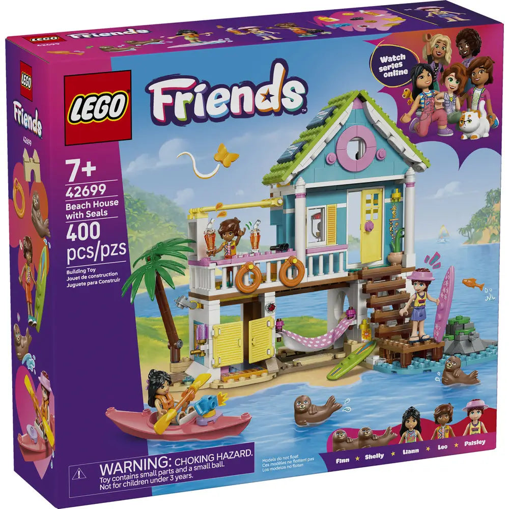 LEGO Friends Beach House with Seals box in purple cardboard packaging, rectangular retail box showing the colorful beach house, minidolls, seals, kayak, and seaside scene artwork prominently on the front panel.