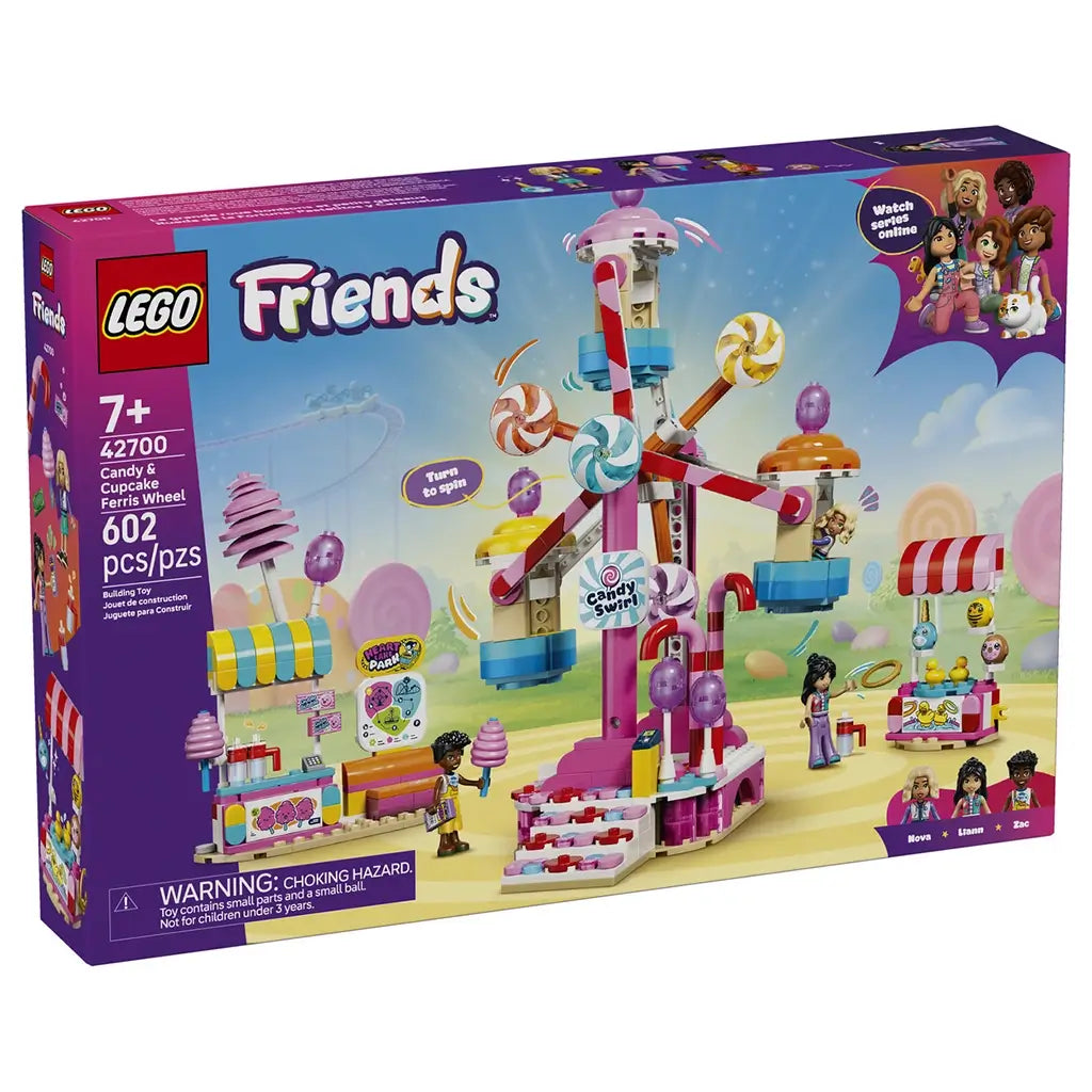 LEGO Friends Candy & Cupcake Ferris Wheel 42700 box in purple and blue shows a pink candy-themed Ferris wheel, colorful snack stands, three mini-dolls, and 602-piece labeling.