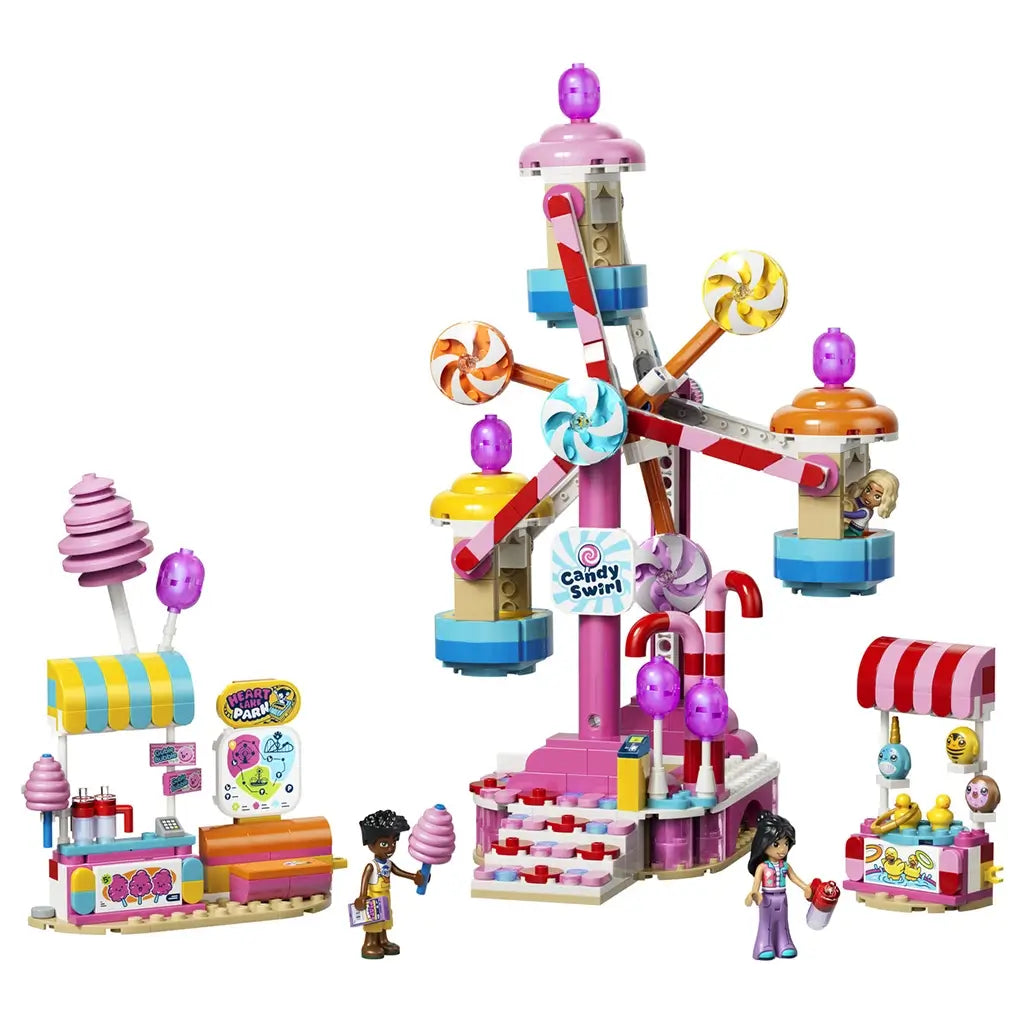 LEGO Friends Candy & Cupcake Ferris Wheel 42700 in pink, blue, and white plastic features four candy gondolas, lollipop decorations, two snack stands, and three mini-dolls.