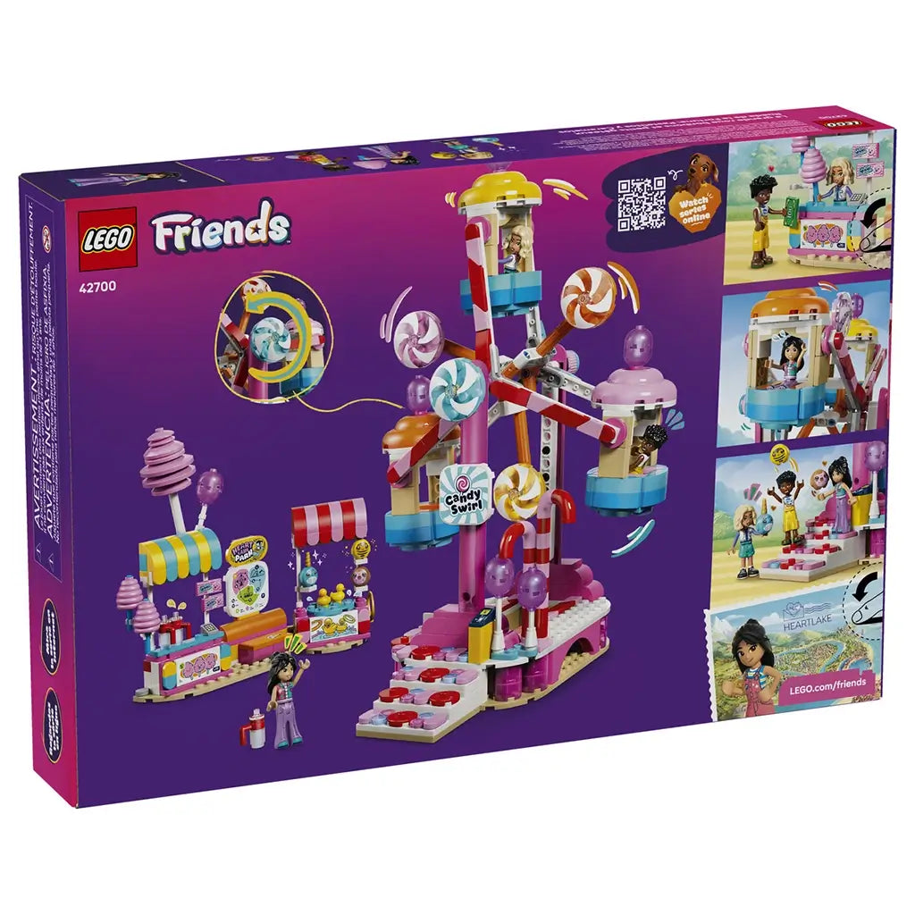 LEGO Friends Candy & Cupcake Ferris Wheel 42700 box back in purple shows the pink ride with candy-themed gondolas, snack stands, mini-dolls, and interactive play features.