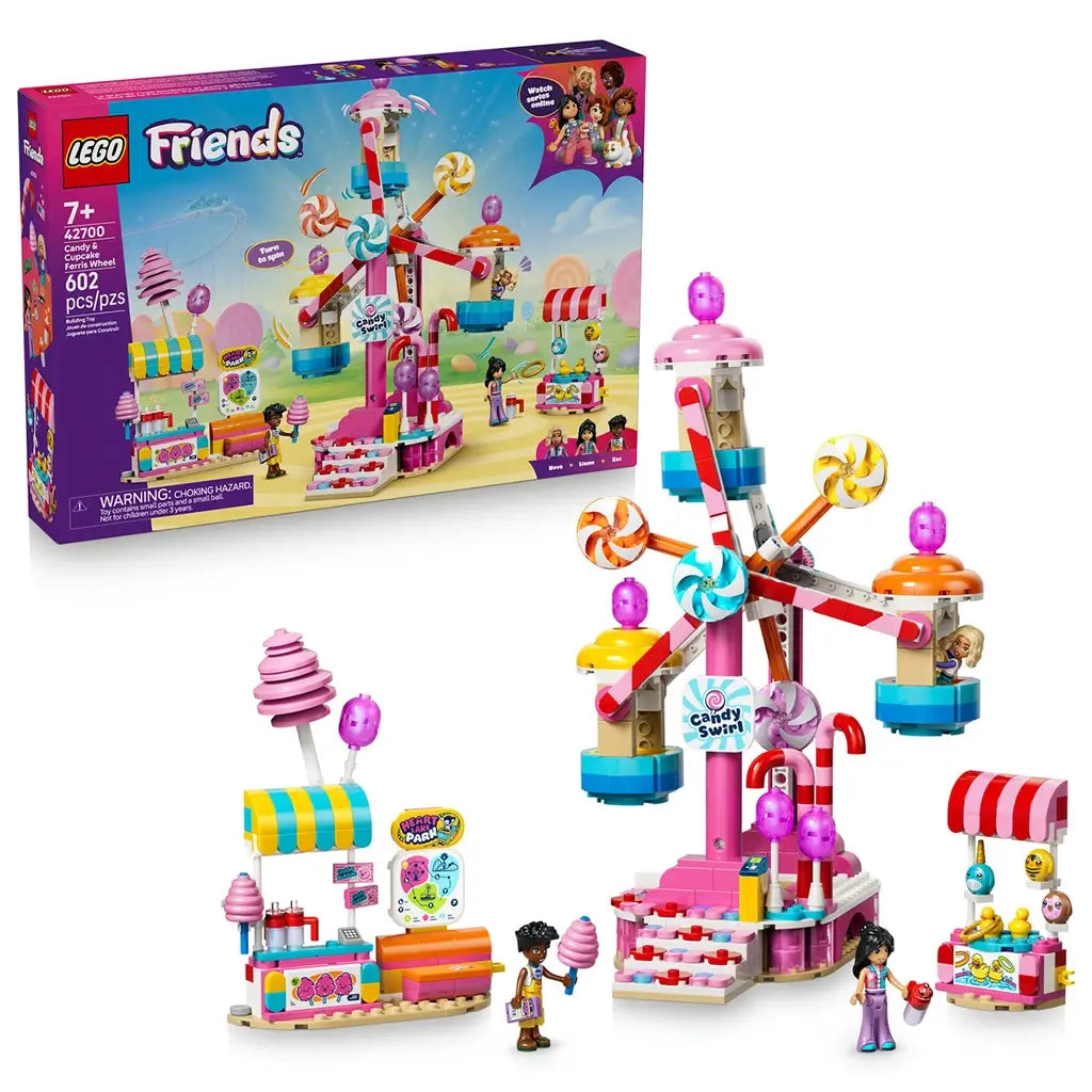 LEGO Friends Candy & Cupcake Ferris Wheel 42700 set in pink, blue, and white plastic includes a candy-themed ride, two snack stalls, three mini-dolls, and colorful accessories.
