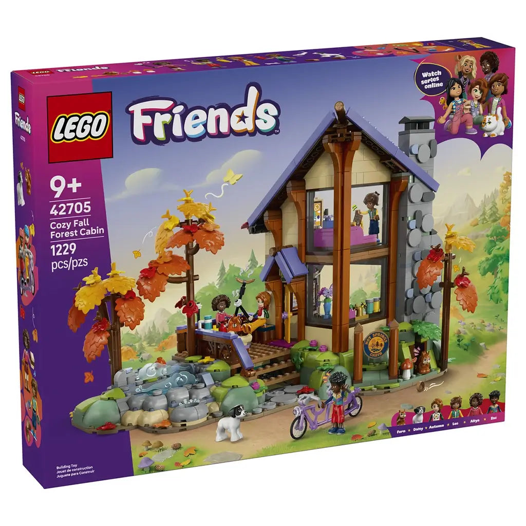 LEGO Friends Cozy Fall Forest Cabin set 42705 box front shows the brown cabin, purple roof, orange autumn trees, rocky stream, figures and bicycle, labeled 1229 pieces for ages 9+.