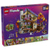 LEGO Friends Cozy Fall Forest Cabin set 42705 box back shows the open brown and tan lodge, purple roof, autumn trees, figures, bicycle and inset images highlighting play features.