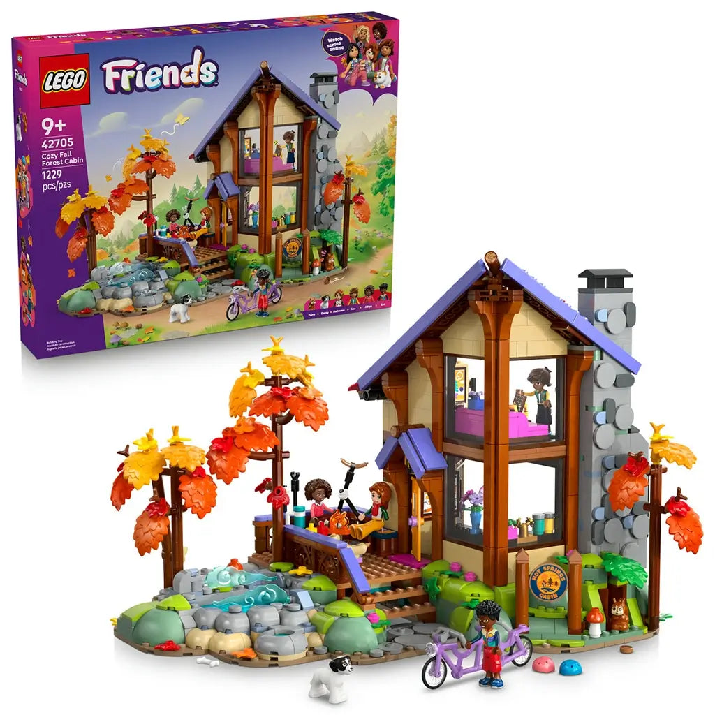 LEGO Friends Cozy Fall Forest Cabin set 42705 pairs the colorful cabin and autumn landscape with its retail box, including figures, bicycle, rocky stream and forest animals.