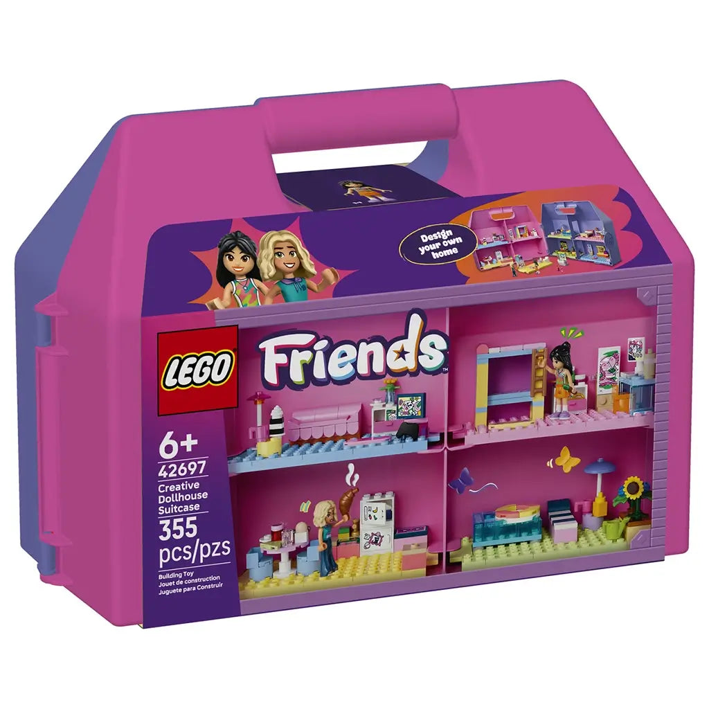 LEGO Friends Creative Dollhouse Suitcase 42697 package features a bright pink plastic carry case, colorful dollhouse rooms, 355 pieces, and a 6+ age marking.