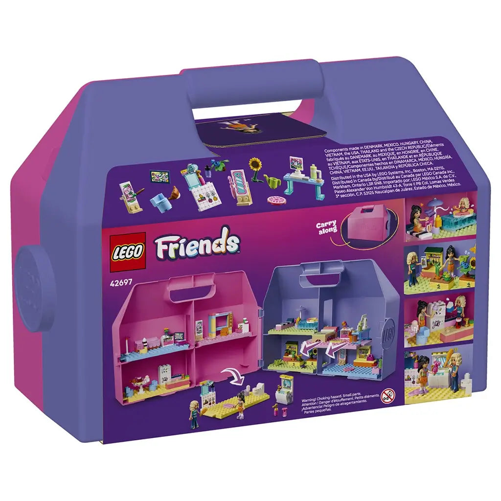 LEGO Friends Creative Dollhouse Suitcase package back shows the purple and pink plastic case, modular room layouts, carry handle, accessories, and play scenes.