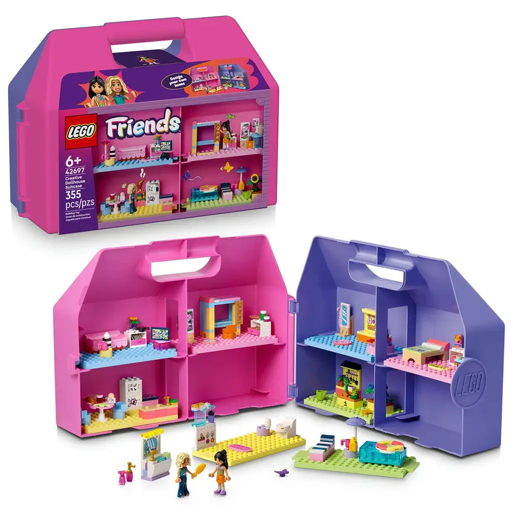 LEGO Friends Creative Dollhouse Suitcase set features a pink and purple plastic carry case, colorful modular rooms, two mini-dolls, furniture, and accessories.