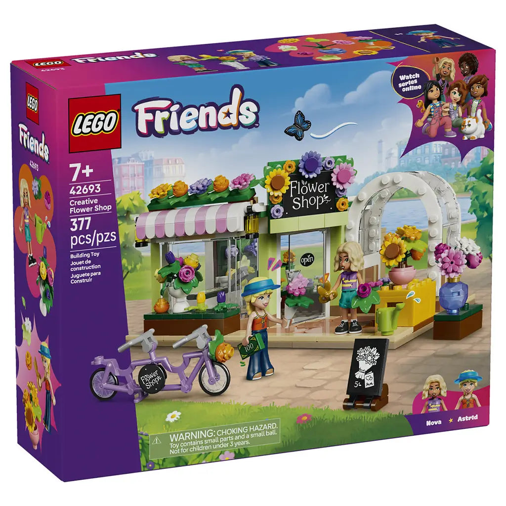 LEGO Friends Creative Flower Shop 42693 box in purple and blue, showing the 377-piece flower shop, two mini-dolls, tandem bicycle and colorful floral displays.