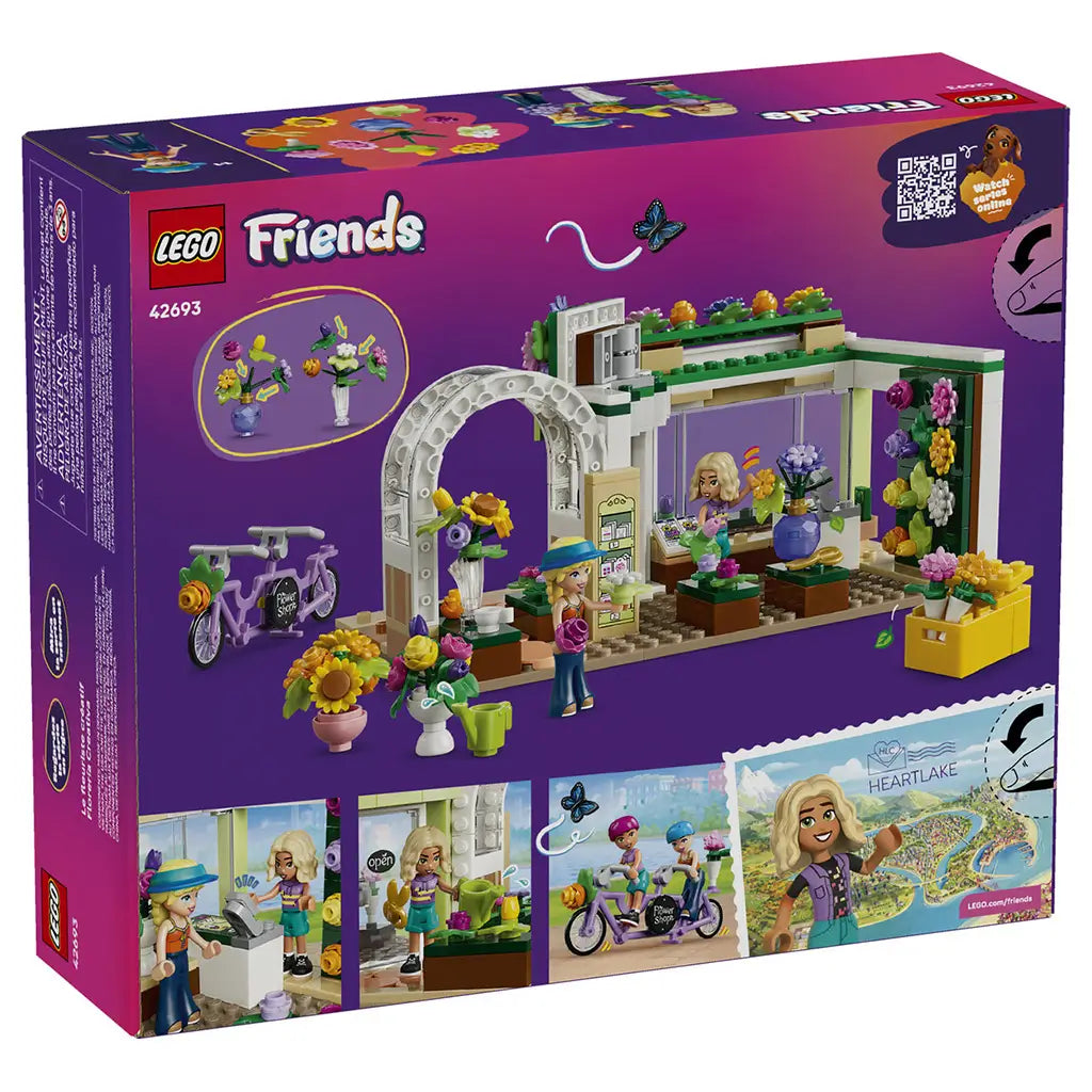 LEGO Friends Creative Flower Shop 42693 package back in purple, showing the flower shop, tandem bicycle, mini-dolls and illustrated play features with colorful blooms.