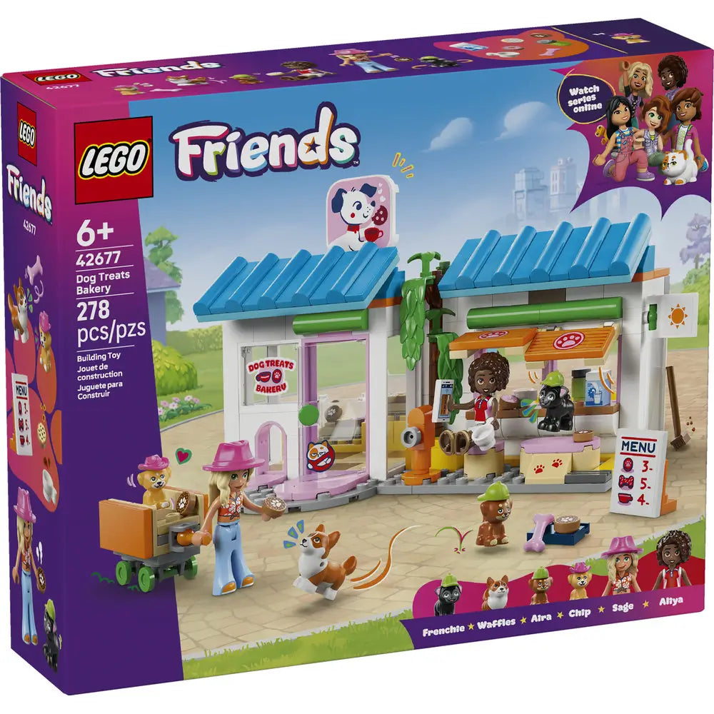 LEGO Friends Dog Treats Bakery box front featuring a purple package with illustrated bakery building, dog treat counter, oven, menu board, pet figures, minidolls, and playful Heartlake City role play scenes.
