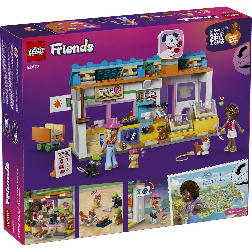 LEGO Friends box back view showing interior and play features of the dog treats bakery, including treat preparation areas, service counter, accessories, pet figures, minidolls, and illustrated play ideas.