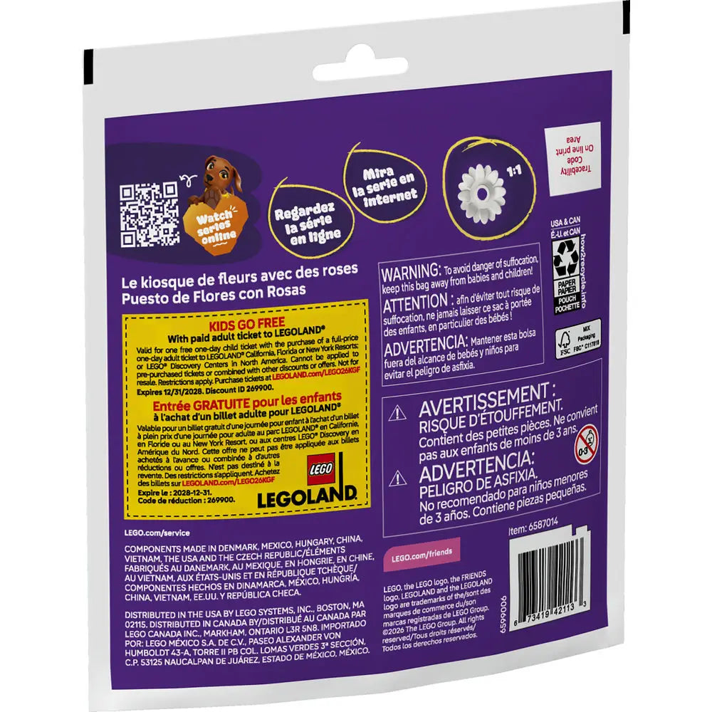 LEGO Friends Flower Stand with Roses package back in deep purple printed cardboard, displaying play features, QR code for online series, multilingual safety warnings, promotional LEGOLAND offer, recycling icons, barcode, and manufacturer details across the rear panel.