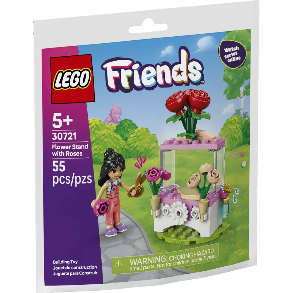 LEGO Friends Flower Stand with Roses set packaging in purple, green, and blue cardboard, showing the completed floral kiosk scene with mini doll character, garden setting artwork, LEGO Friends branding, age 5 plus label, and piece count on the front.