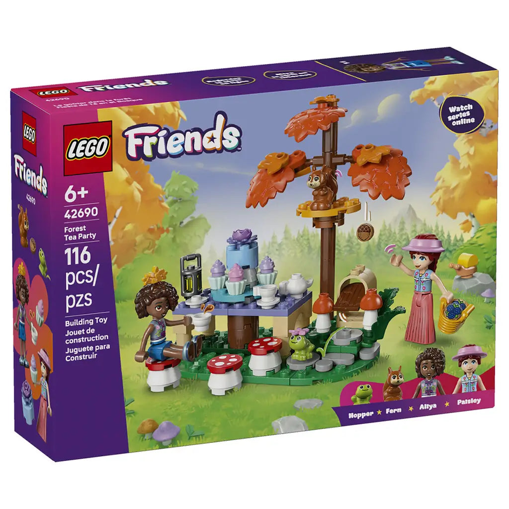 LEGO Friends Forest Tea Party 42690 box in purple and autumn tones, showing the 116-piece woodland tea scene, two mini-dolls, squirrel, frog and mushroom seats.