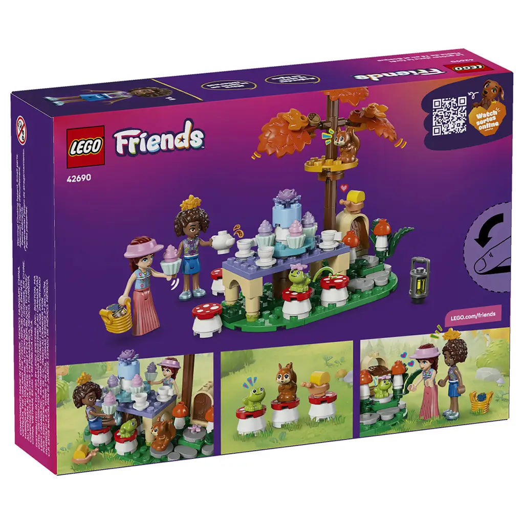 LEGO Friends Forest Tea Party 42690 package back in purple, showing the woodland tea table, two mini-dolls, squirrel, frog and mushroom seats with play scenes.