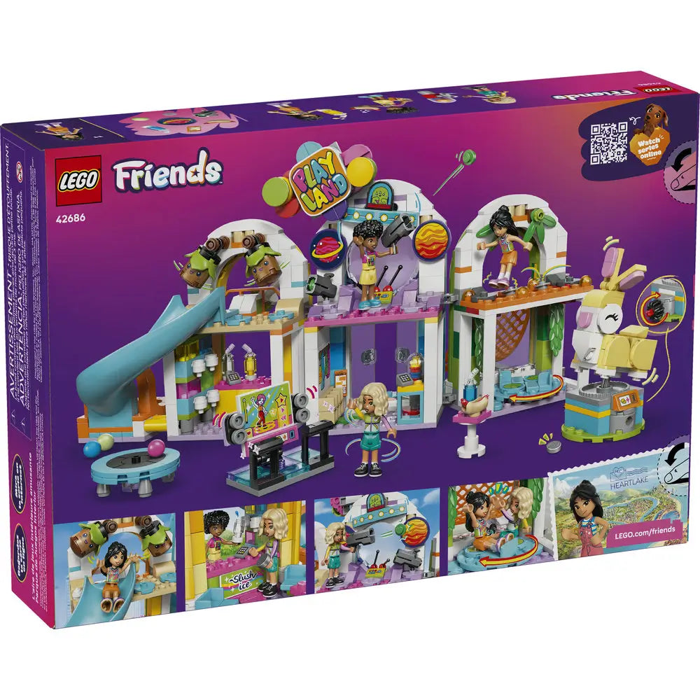 LEGO Friends box back view showing interior play features of the indoor playground, including slide action, snack station, spinning ride, and trampoline, with accessories, minifigures, and illustrated play ideas.