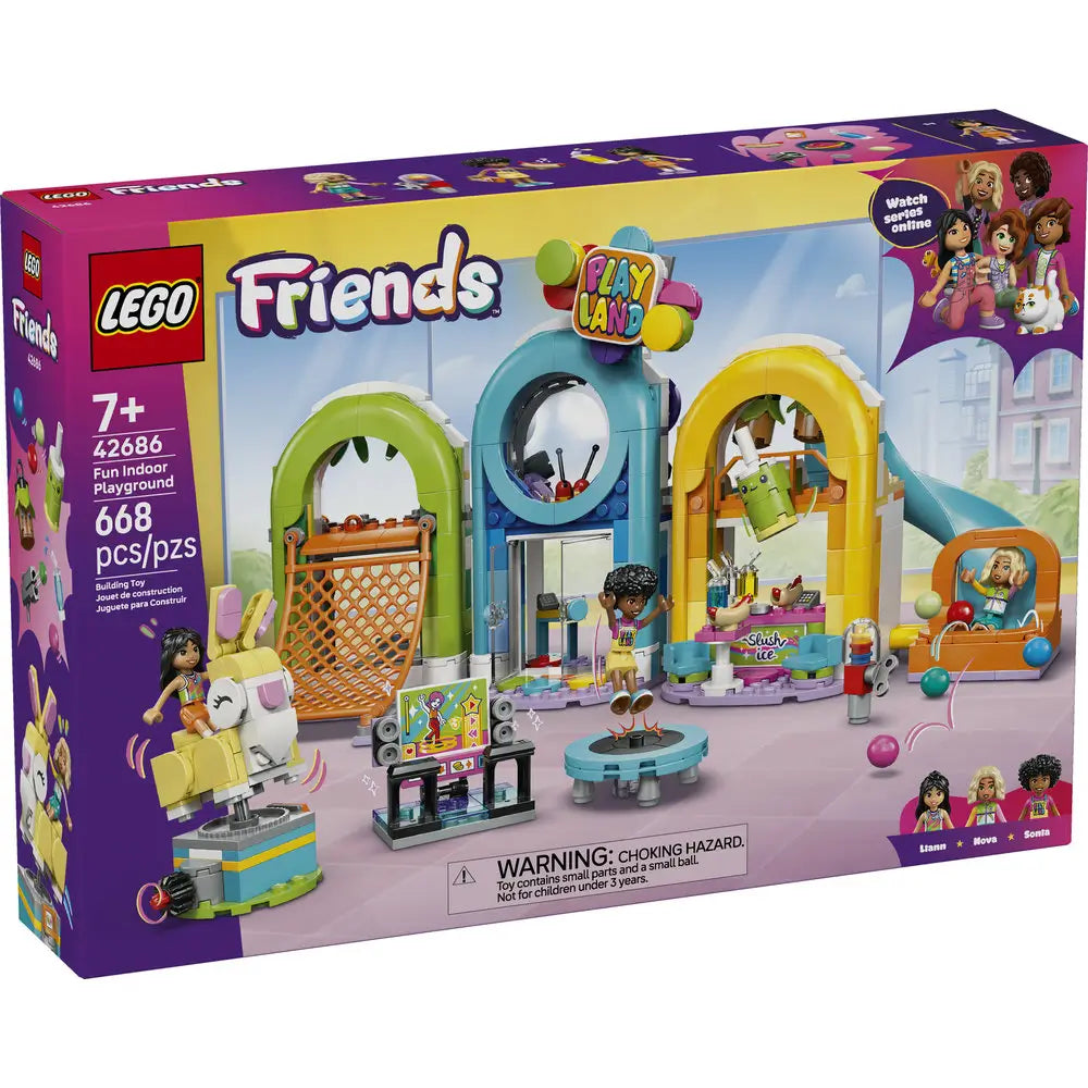 LEGO Friends Fun Indoor Playground box front featuring a purple package with vibrant Playland arches, slide, trampoline, snack station, bunny ride, and minifigures, highlighting a creative playset for kids ages seven and up.