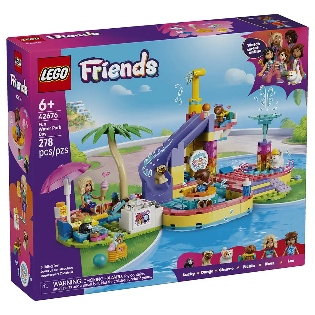 LEGO Friends Fun Water Park Day 42676 box in purple and blue, showing the 278-piece colorful pool, slide, splash towers, two mini-dolls and several pet figures.