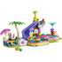 LEGO Friends Fun Water Park Day 42676 in pink, aqua and purple plastic, with curved pool, tall slide, splash towers, palm tree, mini-dolls and playful pet figures.