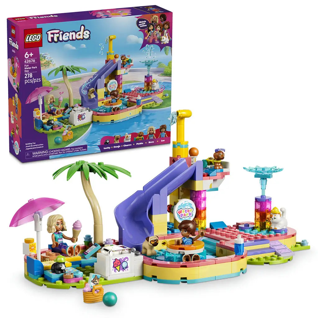 LEGO Friends Fun Water Park Day 42676 in pink, aqua and purple plastic, with pool, slide, splash towers, palm tree, two mini-dolls, pets and retail box.