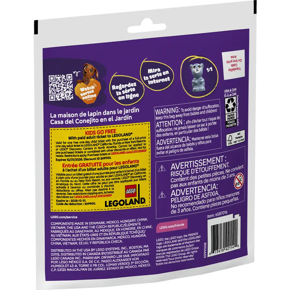 LEGO Friends Garden Bunny House package back in deep purple printed cardboard, displaying alternate play details, QR code, promotional LEGOLAND offer, multilingual safety warnings, recycling icons, barcode, and manufacturer information arranged across the rear panel.