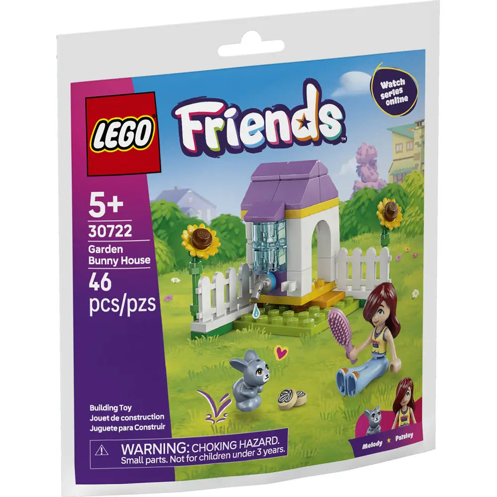 LEGO Friends Garden Bunny House set packaging in purple, green, and blue cardboard, showing the completed bunny shelter scene with mini doll and rabbit in a grassy garden illustration, LEGO branding, age 5 plus label, and piece count on the front.