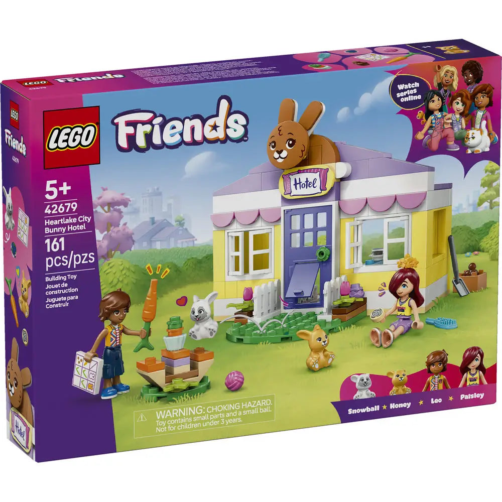 LEGO Friends Heartlake City Bunny Hotel box front featuring a purple package with illustrated bunny themed hotel, garden play area, animal figures, accessories, and minifigures for caring role play.