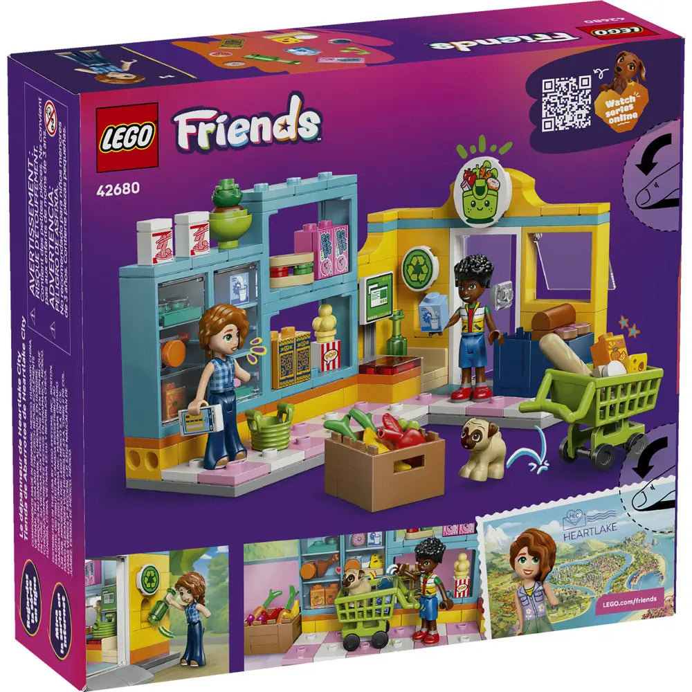 LEGO Friends box back view showing play features of the convenience store set, including opening shelves, checkout counter, food accessories, shopping cart, dog figure, minifigures, and illustrated play ideas.
