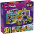 LEGO Friends box back view showing play features of the convenience store set, including opening shelves, checkout counter, food accessories, shopping cart, dog figure, minifigures, and illustrated play ideas.