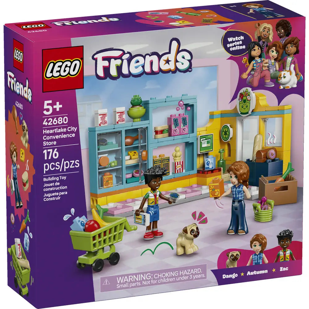 LEGO Friends Heartlake City Convenience Store box front featuring a purple package with illustrated grocery store build, shelves of food, checkout counter, shopping cart, dog, and minifigures for everyday play.