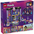 LEGO Friends box back view showing interior fashion show features including rotating runway stage, outfit changes, accessories, minifigures, and illustrated play functions inside the pastel plastic building.