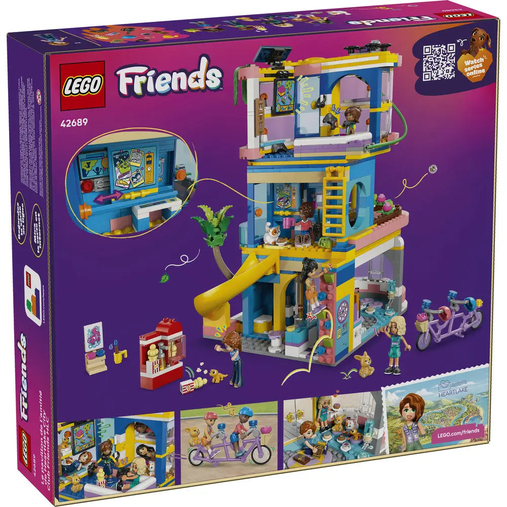 LEGO Friends Heartlake City Friends Club House package back shows blue and pink plastic building with open rooms, play features, mini dolls, accessories, and illustrated scenes explaining interactive functions and story play.