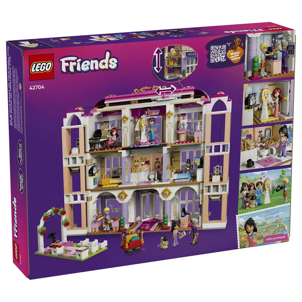 LEGO Friends Heartlake City Grand Hotel set 42704 box back shows the pink, white and lavender hotel interior with guest rooms, figures, elevator, luggage cart and play features.